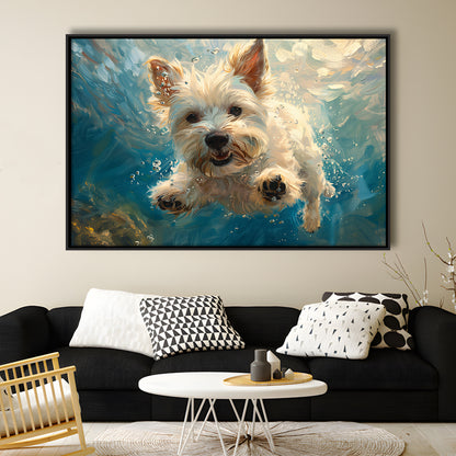 West Highland White Terrier Dog Underwater, Framed Canvas Print, Painting Art, Floating Framed Canvas Print Wall Art
