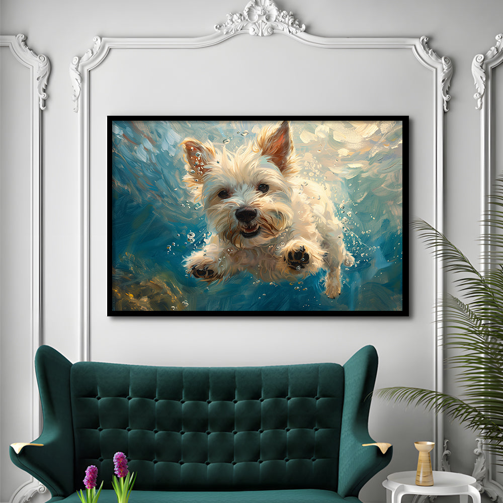 West Highland White Terrier Dog Underwater, Framed  Print, Painting Art, Framed Art Print Wall Decor, Framed Picture