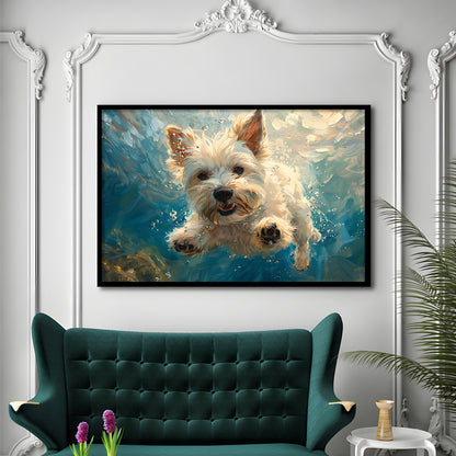 West Highland White Terrier Dog Underwater, Framed  Print, Painting Art, Framed Art Print Wall Decor, Framed Picture