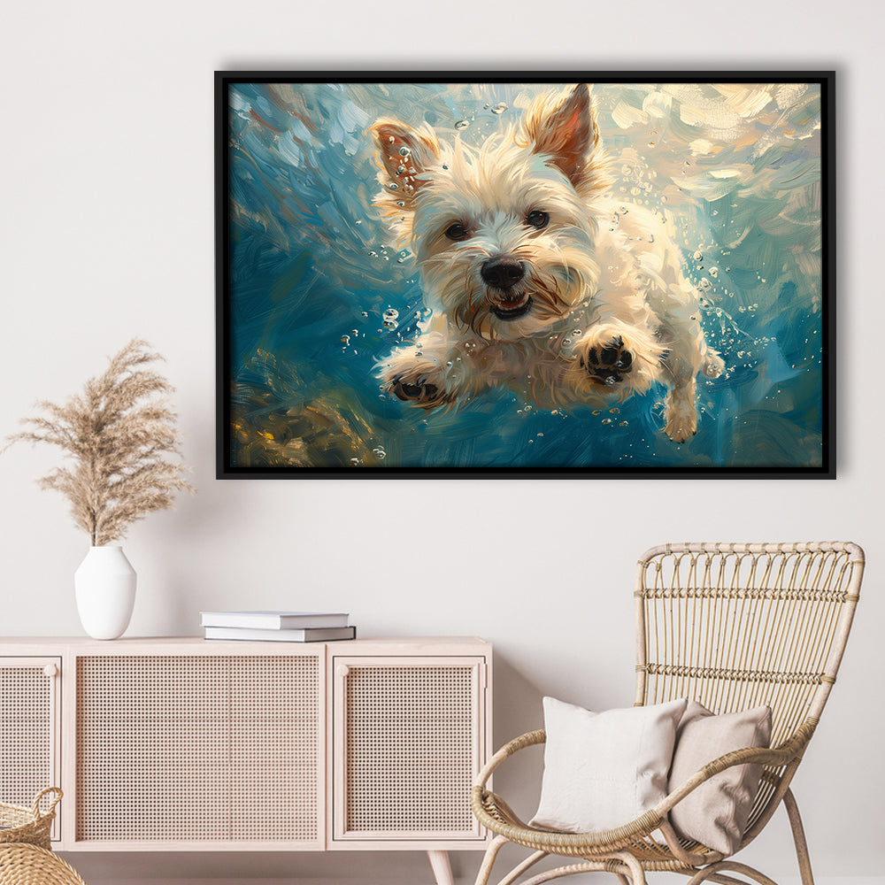 West Highland White Terrier Dog Underwater, Framed Canvas Print, Painting Art, Floating Framed Canvas Print Wall Art