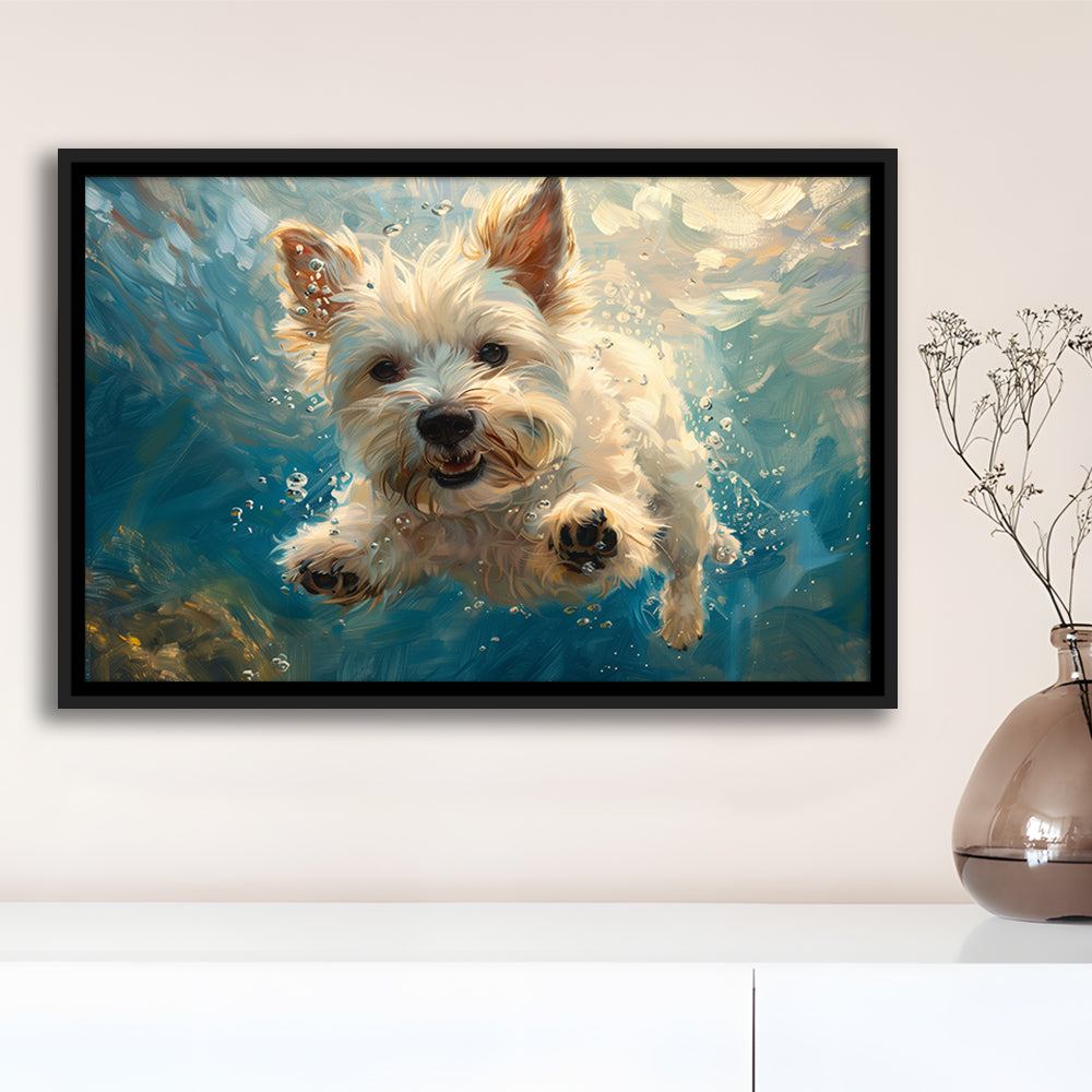 West Highland White Terrier Dog Underwater, Framed Canvas Print, Painting Art, Floating Framed Canvas Print Wall Art