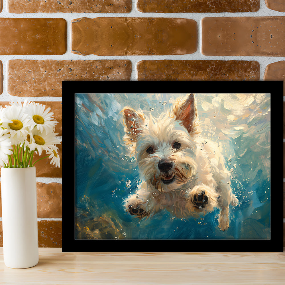 West Highland White Terrier Dog Underwater, Framed  Print, Painting Art, Framed Art Print Wall Decor, Framed Picture