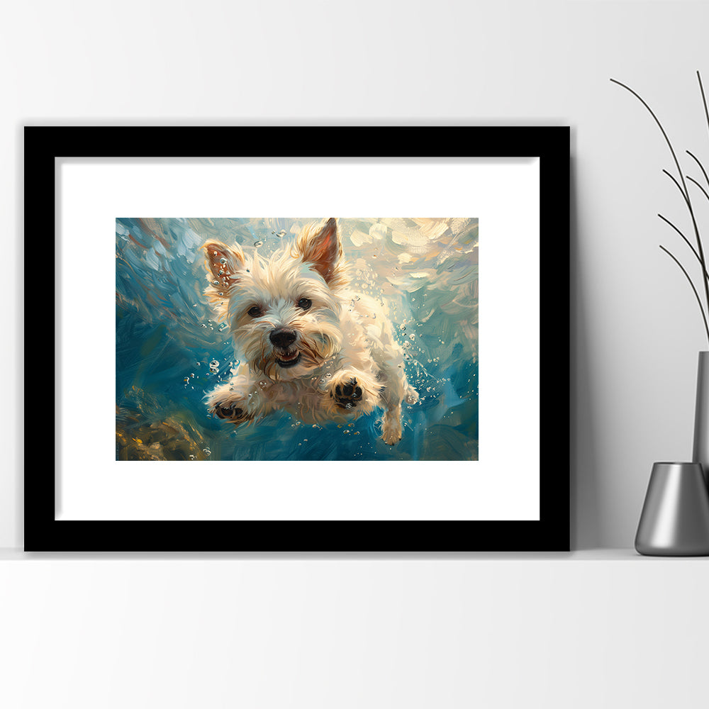 West Highland White Terrier Dog Underwater, Framed  Print, Painting Art, Framed Art Print White Border Wall Decor