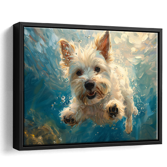 West Highland White Terrier Dog Underwater, Framed Canvas Print, Painting Art, Floating Framed Canvas Print Wall Art