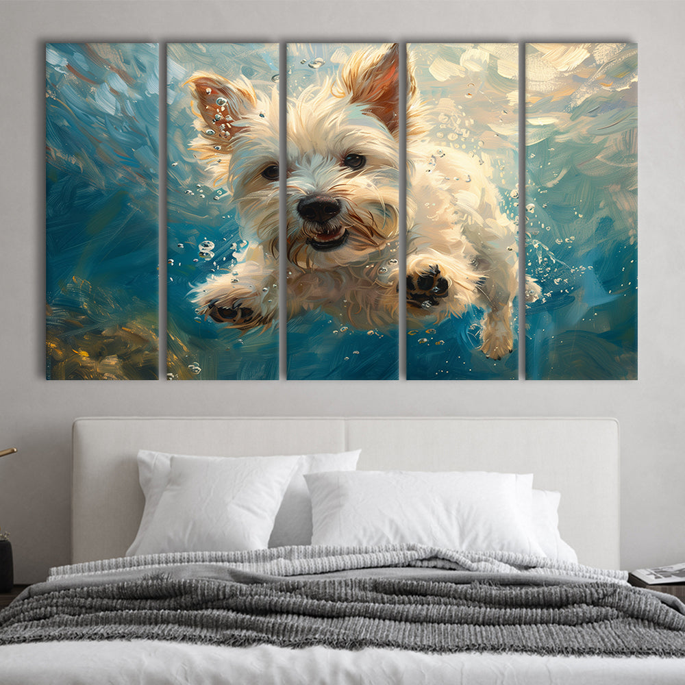 West Highland White Terrier Dog Underwater, Canvas Art Print, Painting Art, Multi Panels Canvas Print Wall Art