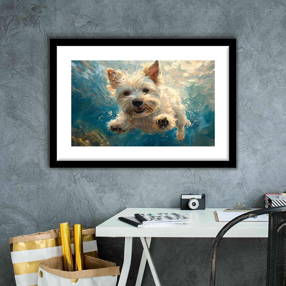 West Highland White Terrier Dog Underwater, Framed  Print, Painting Art, Framed Art Print White Border Wall Decor