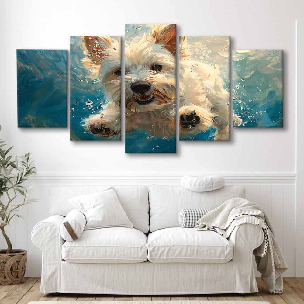 West Highland White Terrier Dog Underwater, Canvas Art Decor Print, Painting Art, Mixed Panels Canvas Print Wall Art