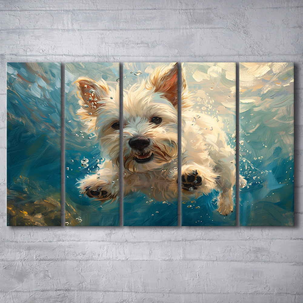 West Highland White Terrier Dog Underwater, Canvas Art Print, Painting Art, Multi Panels Canvas Print Wall Art