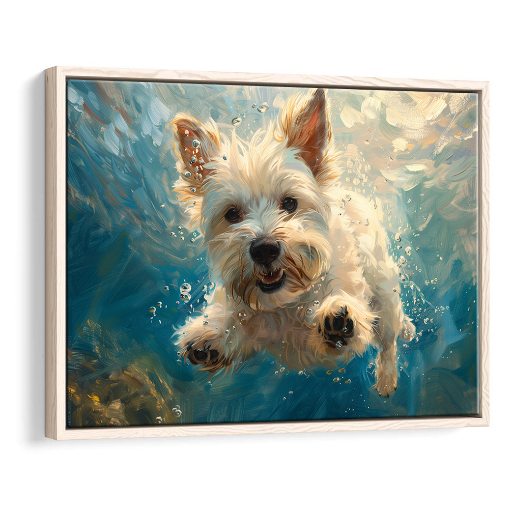 West Highland White Terrier Dog Underwater, Framed Canvas Print, Painting Art, Floating Framed Canvas Print Wall Art