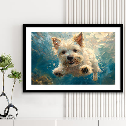 West Highland White Terrier Dog Underwater, Framed  Print, Painting Art, Framed Art Print White Border Wall Decor