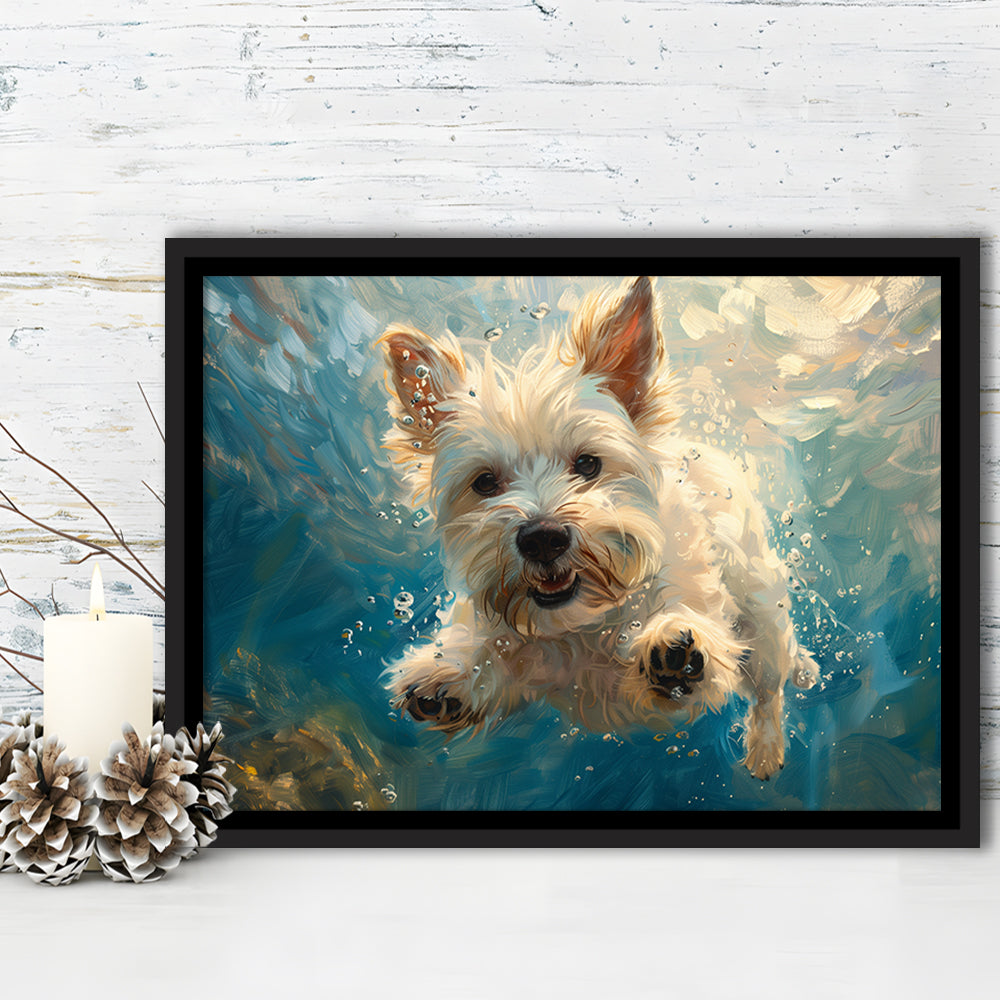 West Highland White Terrier Dog Underwater, Framed Canvas Print, Painting Art, Floating Framed Canvas Print Wall Art