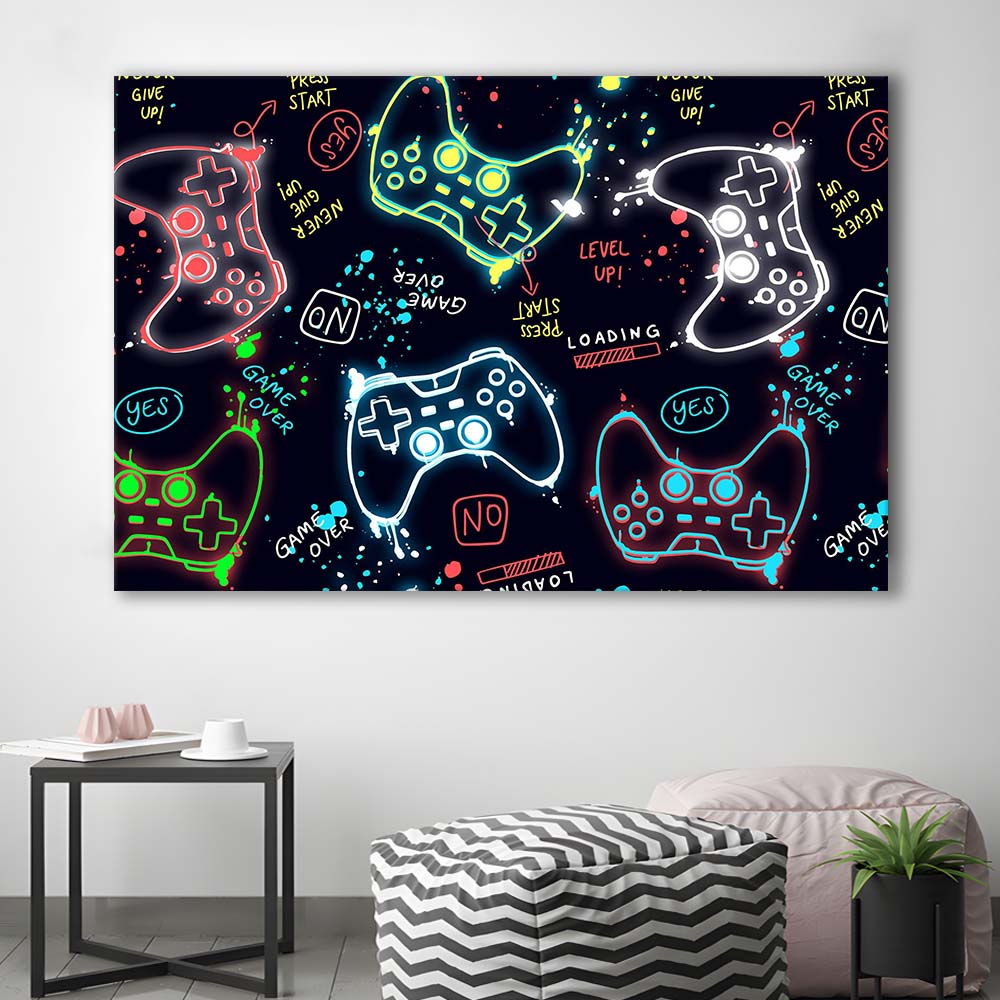 Game Over! Art Print, Game Room Decor Art, Canvas Print Wall Art, Wall Decor, Neon Effect Art