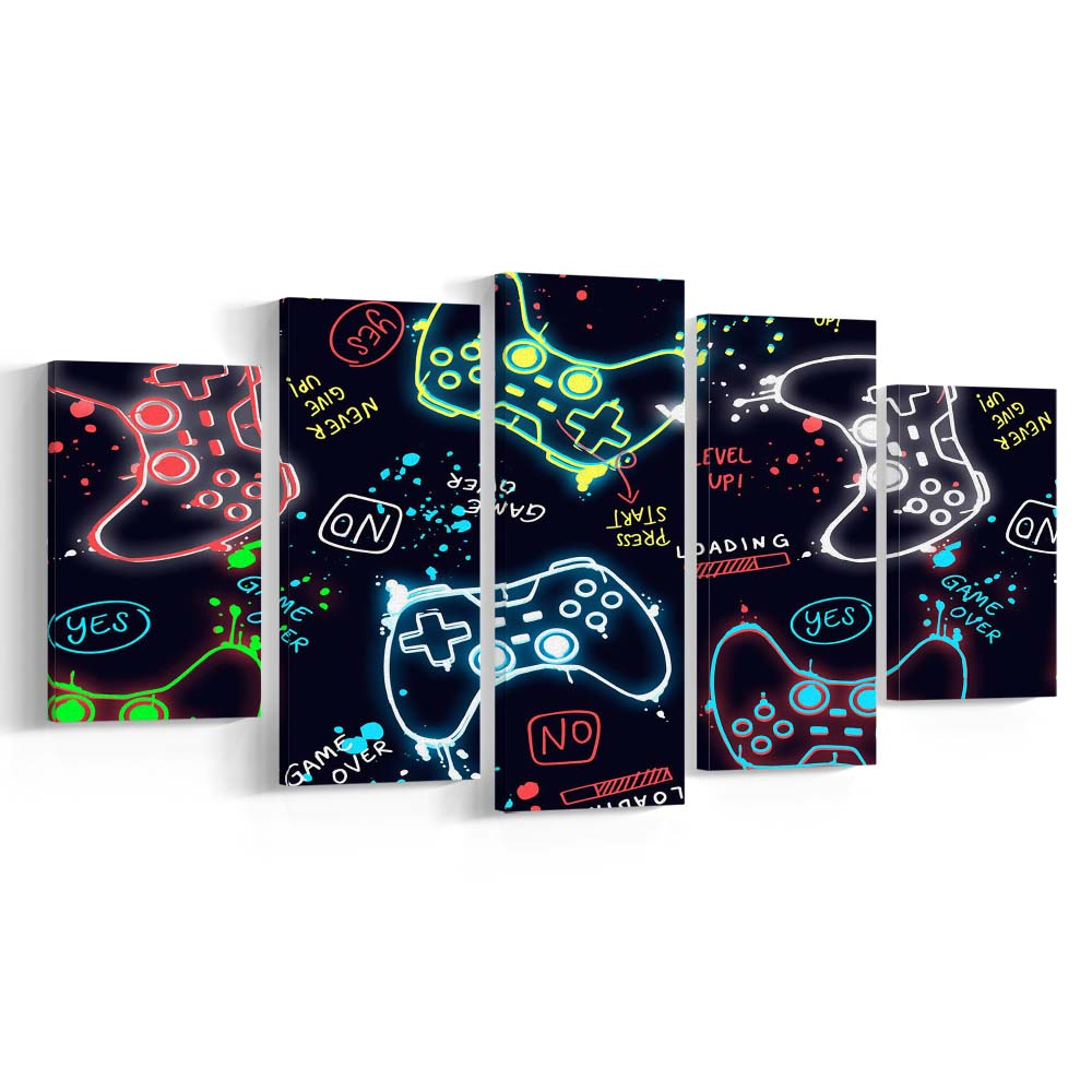 Game Over! Art Print, Game Room Decor Art, 5 Panel Mixed Canvas Print Wall Art, Home Decor, Neon Canvas