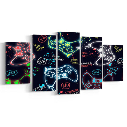 Game Over! Art Print, Game Room Decor Art, 5 Panel Mixed Canvas Print Wall Art, Home Decor, Neon Canvas