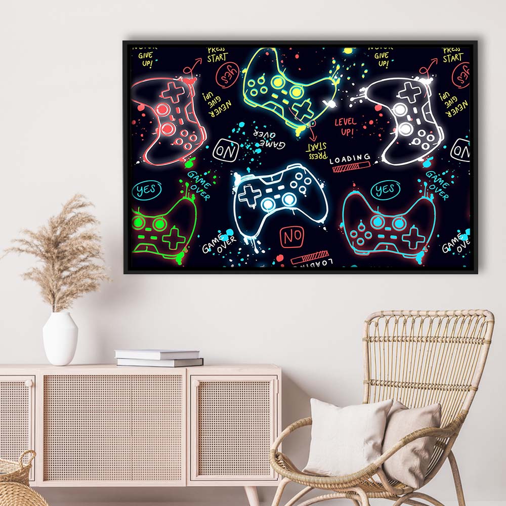 Game Over! Art Print, Game Room Decor Art, Framed Canvas Print Wall Art Decor, Floating Frame, Neon Effect Art