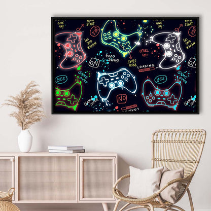 Game Over! Art Print, Game Room Decor Art, Framed Canvas Print Wall Art Decor, Floating Frame, Neon Effect Art