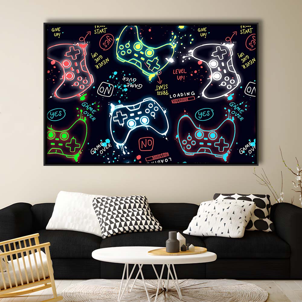 Game Over! Art Print, Game Room Decor Art, Framed Canvas Print Wall Art Decor, Floating Frame, Neon Effect Art