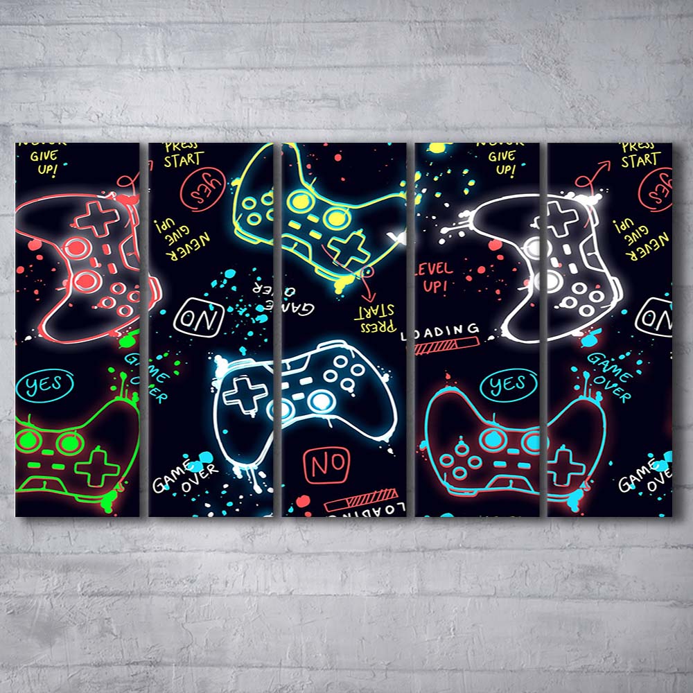 Game Over! Art Print, Game Room Decor Art, Extra Large 5 Panels Multi Canvas Print Wall Art, Home Decor