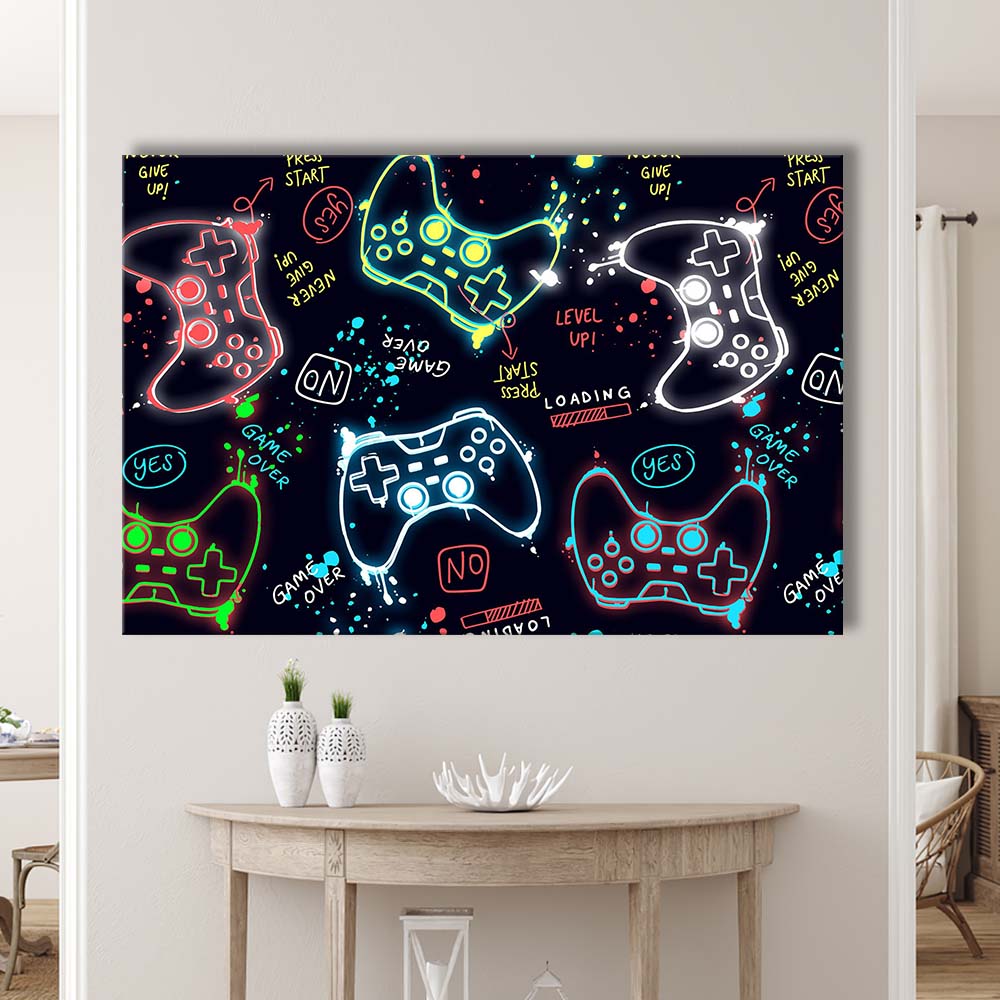 Game Over! Art Print, Game Room Decor Art, Canvas Print Wall Art, Wall Decor, Neon Effect Art