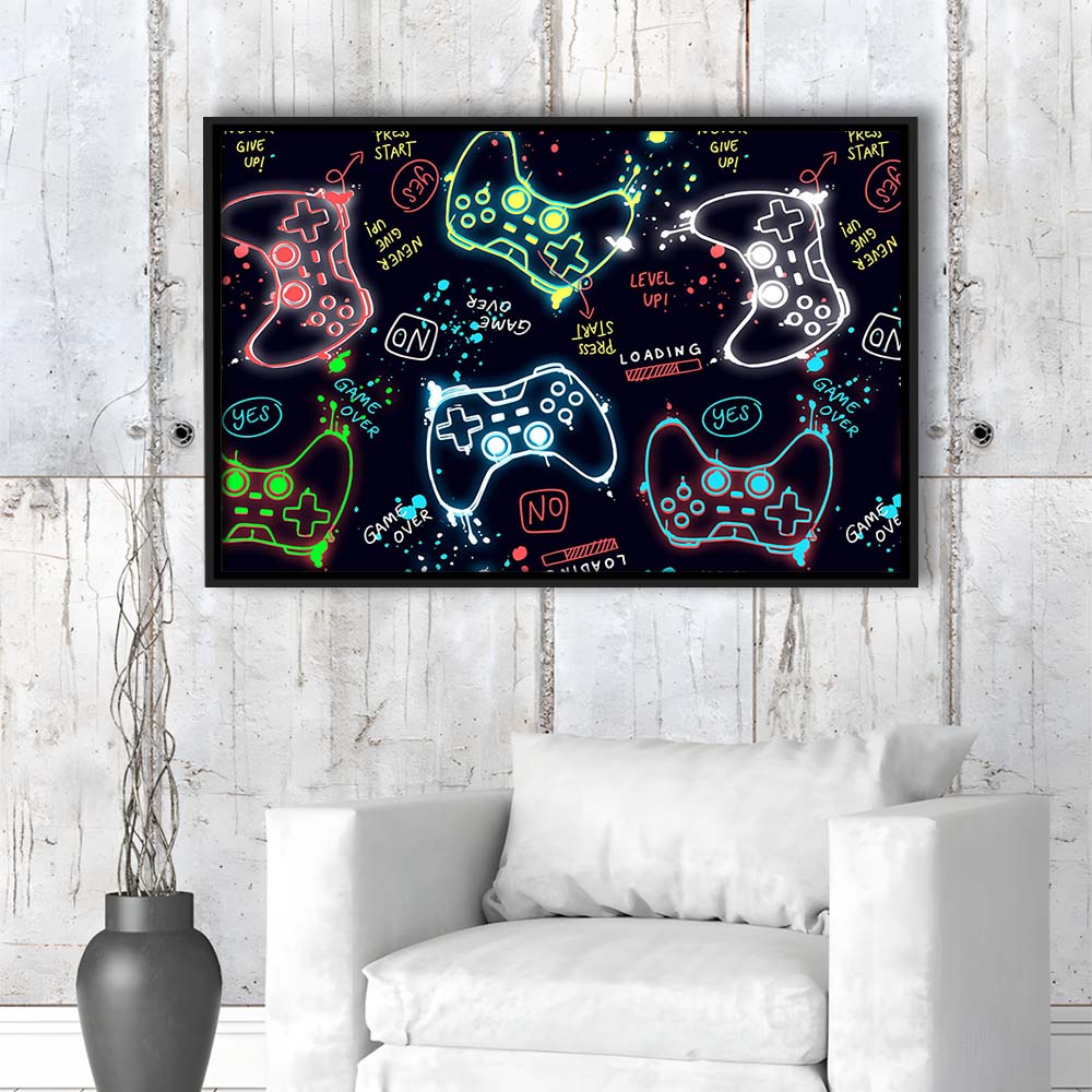 Game Over! Art Print, Game Room Decor Art, Framed Canvas Print Wall Art Decor, Floating Frame, Neon Effect Art