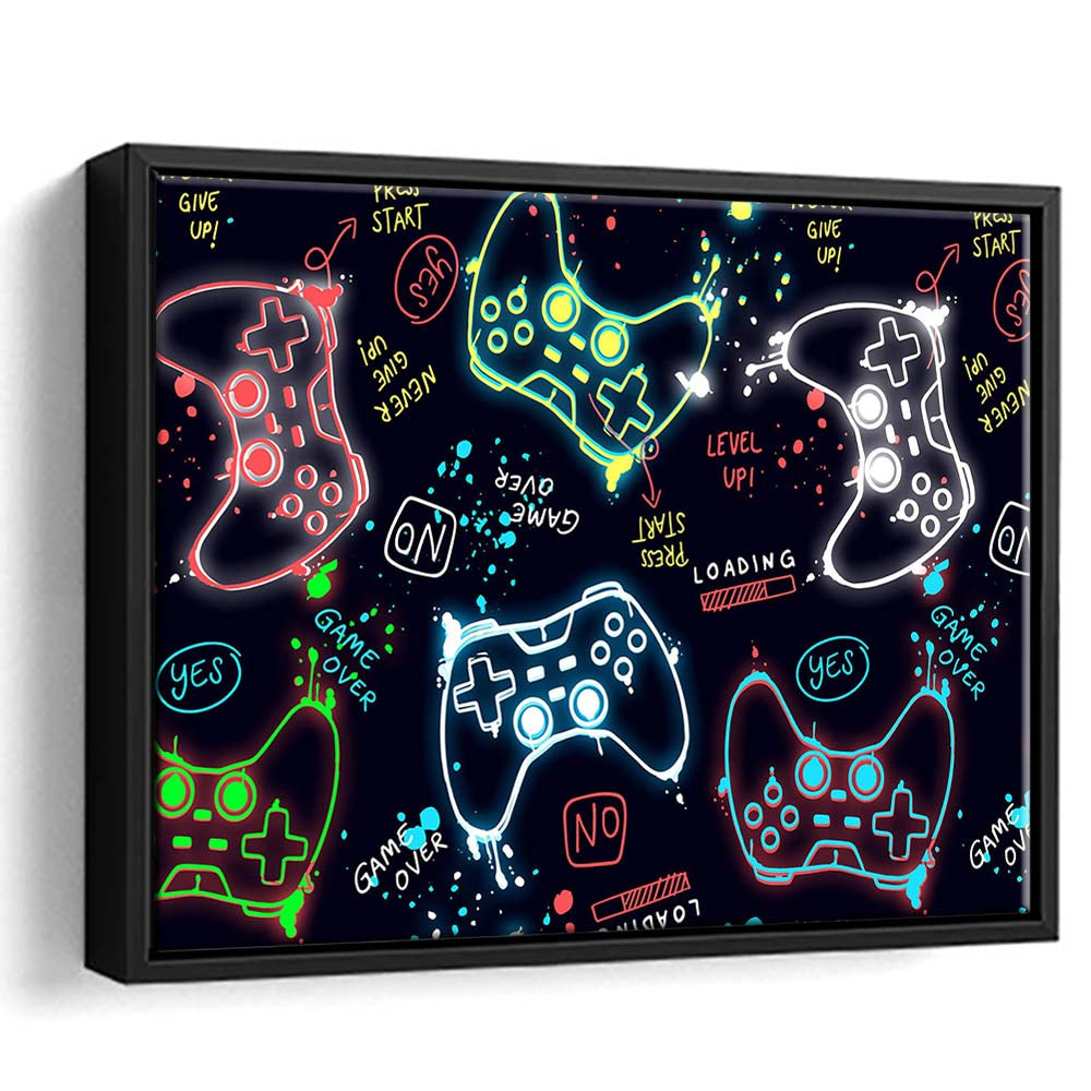Game Over! Art Print, Game Room Decor Art, Framed Canvas Print Wall Art Decor, Floating Frame, Neon Effect Art