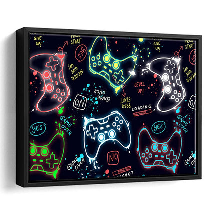 Game Over! Art Print, Game Room Decor Art, Framed Canvas Print Wall Art Decor, Floating Frame, Neon Effect Art