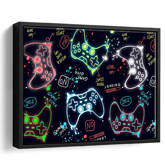 Game Over! Art Print, Game Room Decor Art, Framed Canvas Print Wall Art Decor, Floating Frame, Neon Effect Art