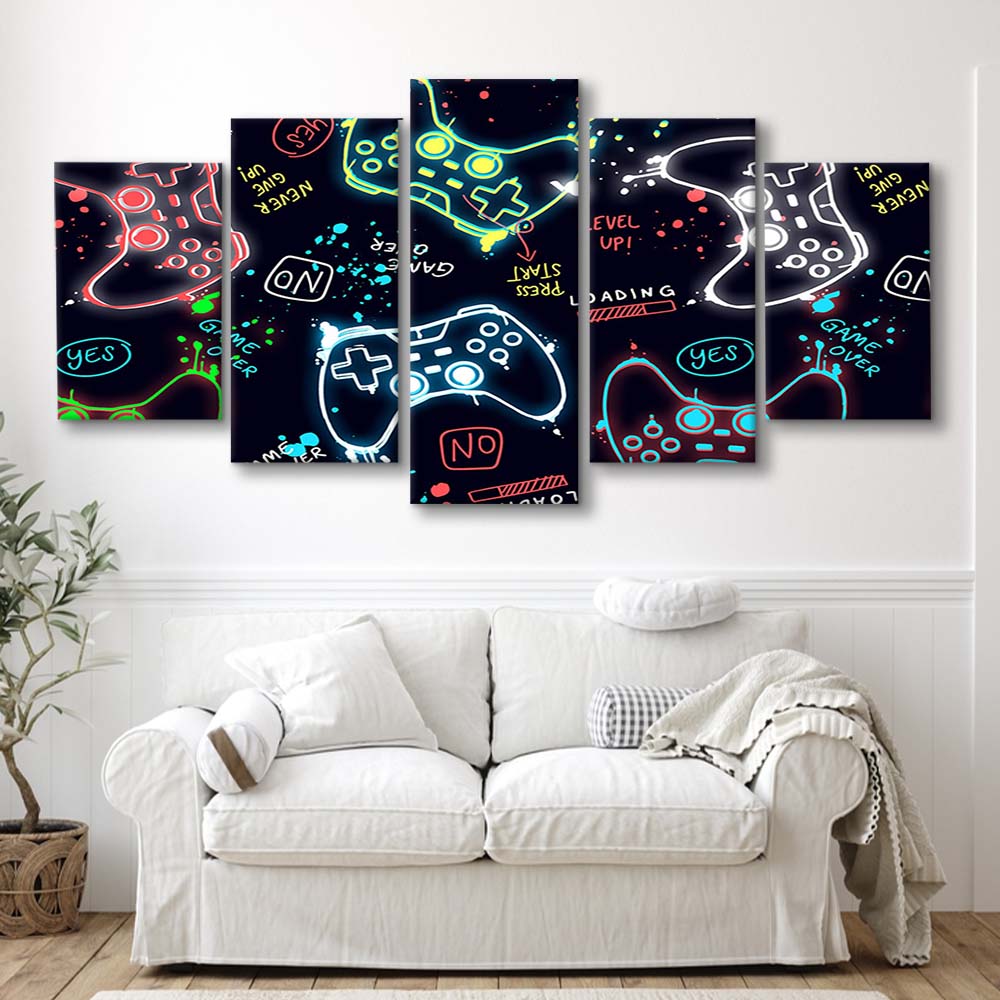 Game Over! Art Print, Game Room Decor Art, 5 Panel Mixed Canvas Print Wall Art, Home Decor, Neon Canvas