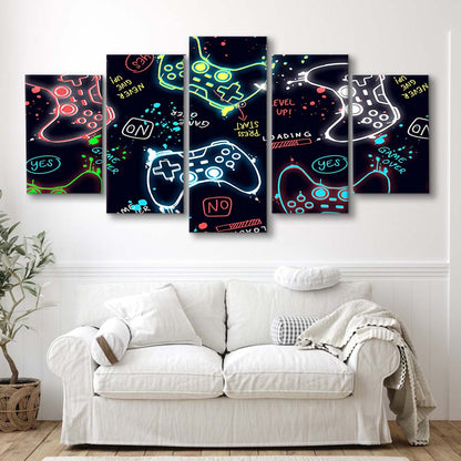 Game Over! Art Print, Game Room Decor Art, 5 Panel Mixed Canvas Print Wall Art, Home Decor, Neon Canvas