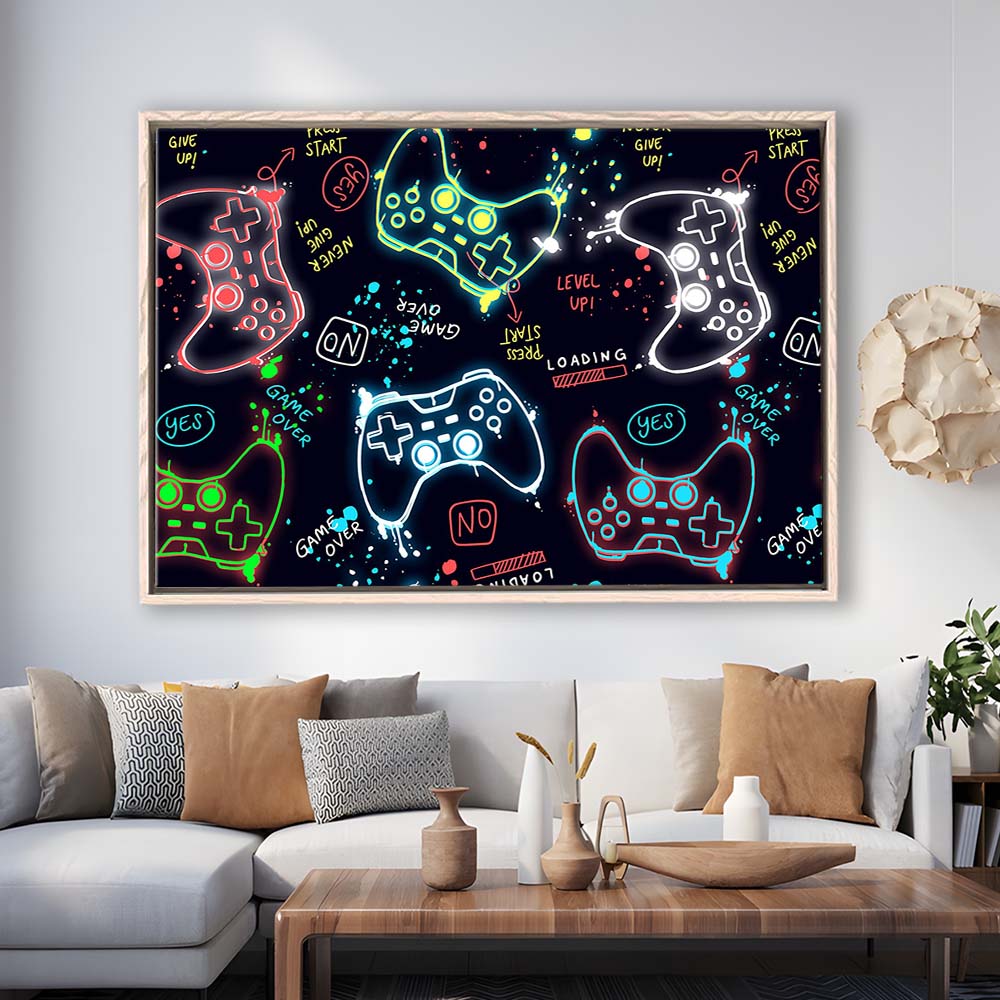 Game Over! Art Print, Game Room Decor Art, Framed Canvas Print Wall Art Decor, Floating Frame, Neon Effect Art