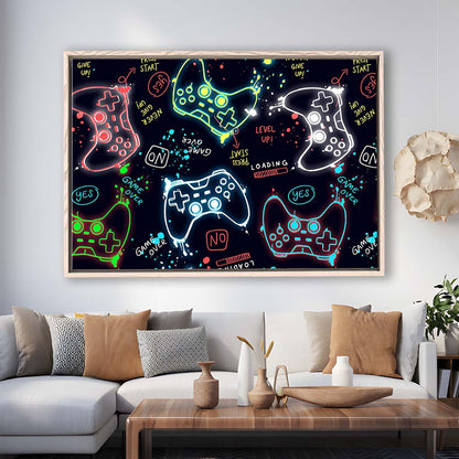 Game Over! Art Print, Game Room Decor Art, Framed Canvas Print Wall Art Decor, Floating Frame, Neon Effect Art