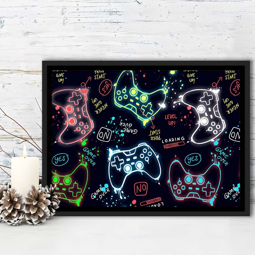 Game Over! Art Print, Game Room Decor Art, Framed Canvas Print Wall Art Decor, Floating Frame, Neon Effect Art