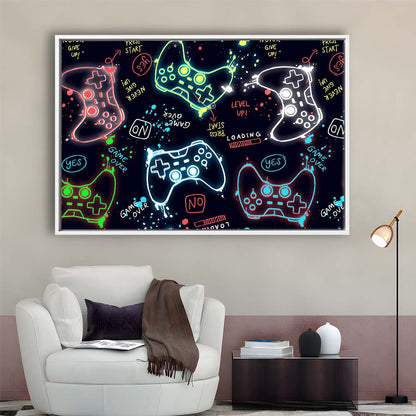 Game Over! Art Print, Game Room Decor Art, Framed Canvas Print Wall Art Decor, Floating Frame, Neon Effect Art