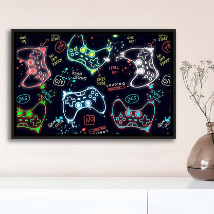 Game Over! Art Print, Game Room Decor Art, Framed Canvas Print Wall Art Decor, Floating Frame, Neon Effect Art
