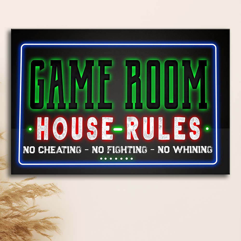 Game Room - House Rules Art Print, Canvas Print Wall Art, Wall Decor, Neon Effect Art