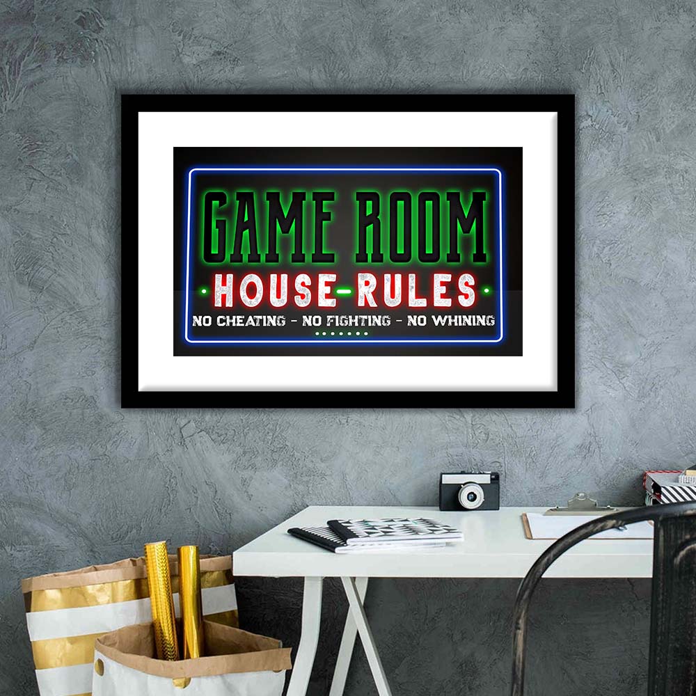 Game Room - House Rules Art Print, Framed Art Print Wall Decor, White Border, Framed Picture