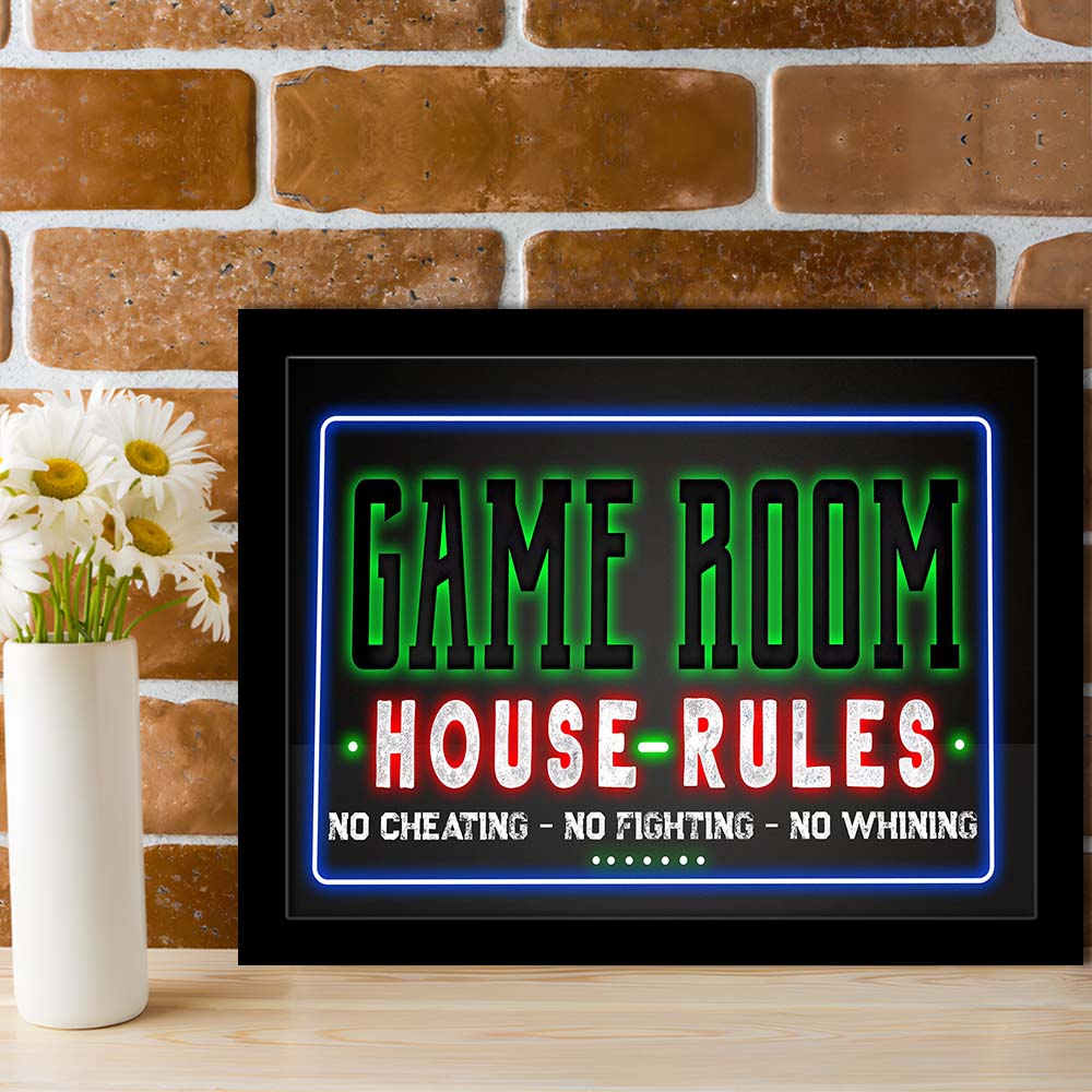 Game Room - House Rules Art Print, Framed Art Print Wall Decor, Neon Art Print, Picture Framed