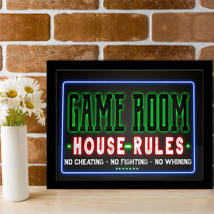 Game Room - House Rules Art Print, Framed Art Print Wall Decor, Neon Art Print, Picture Framed
