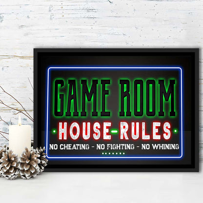 Game Room - House Rules Art Print, Framed Canvas Print Wall Art Decor, Floating Frame, Neon Effect Art