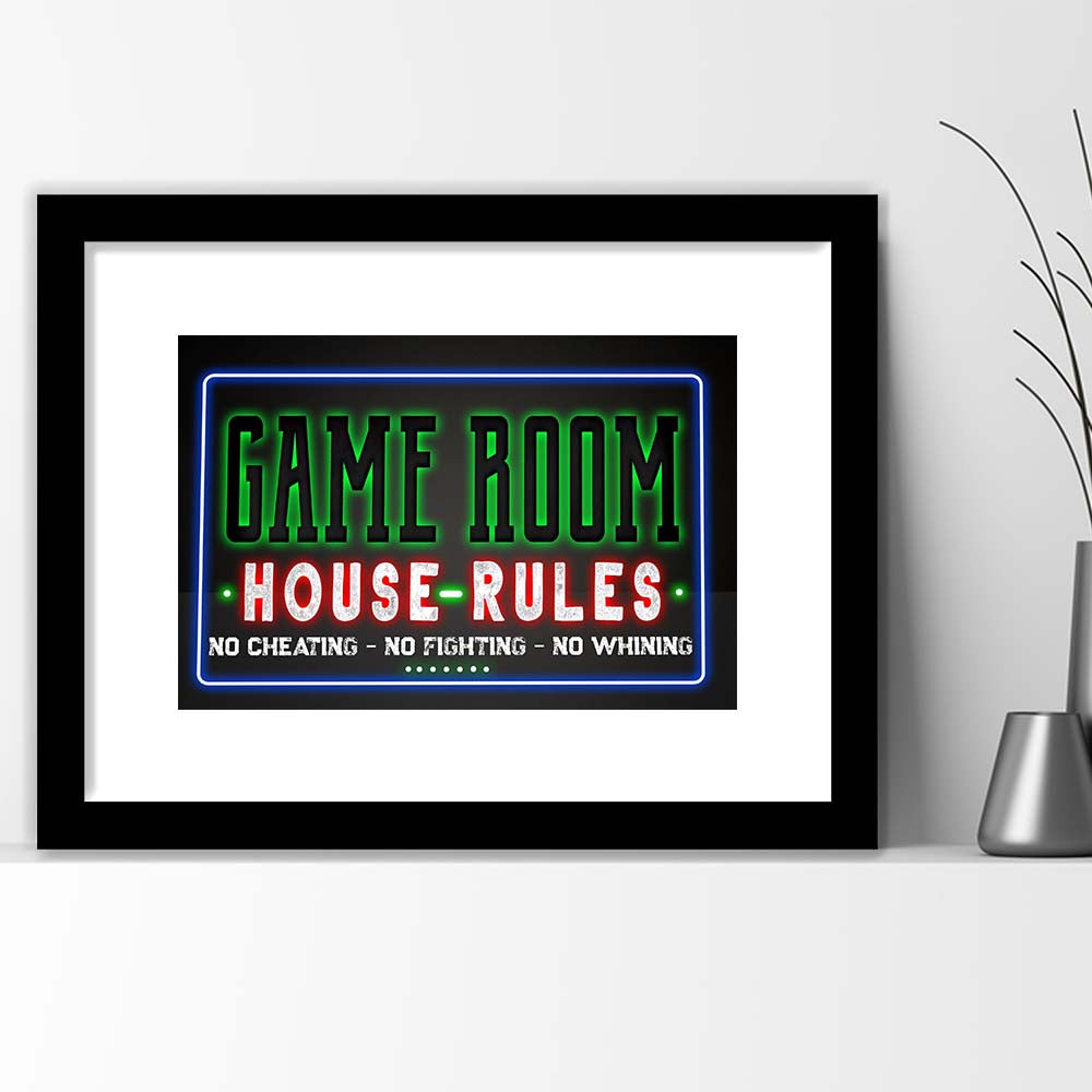 Game Room - House Rules Art Print, Framed Art Print Wall Decor, White Border, Framed Picture