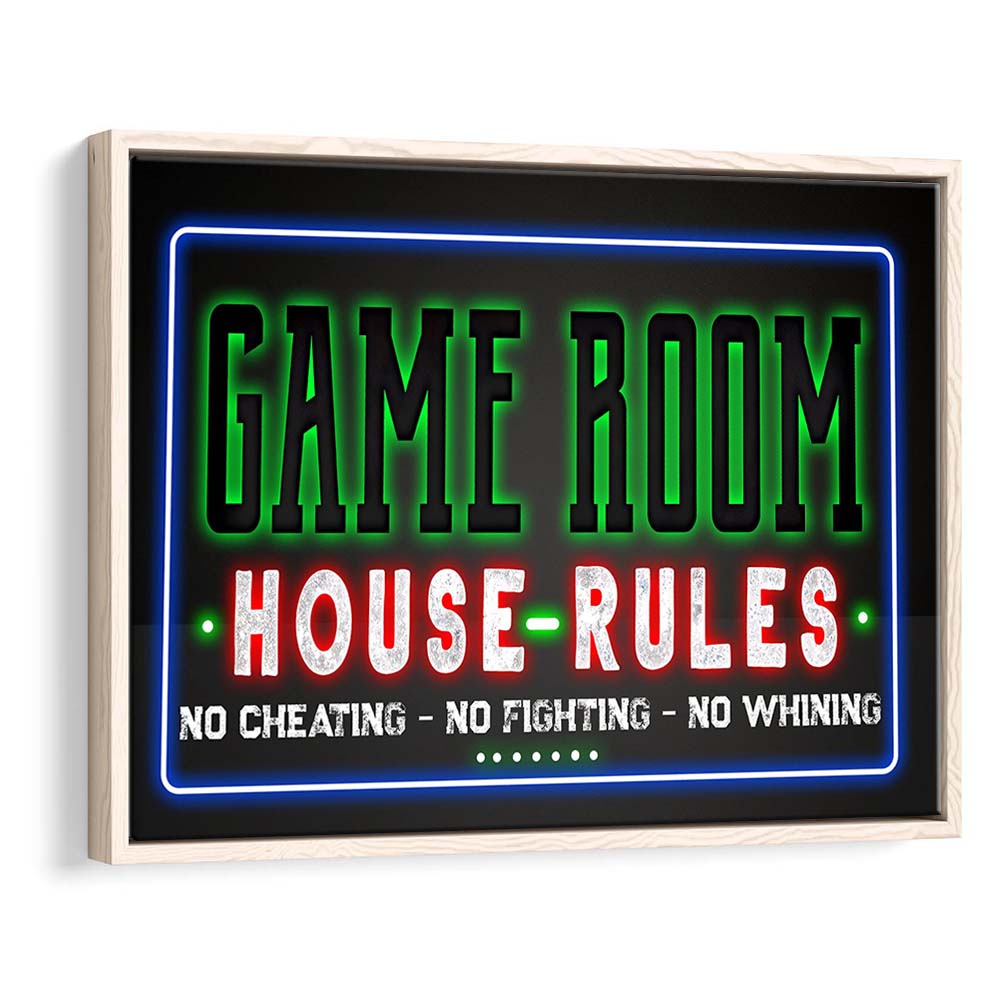 Game Room - House Rules Art Print, Framed Canvas Print Wall Art Decor, Floating Frame, Neon Effect Art