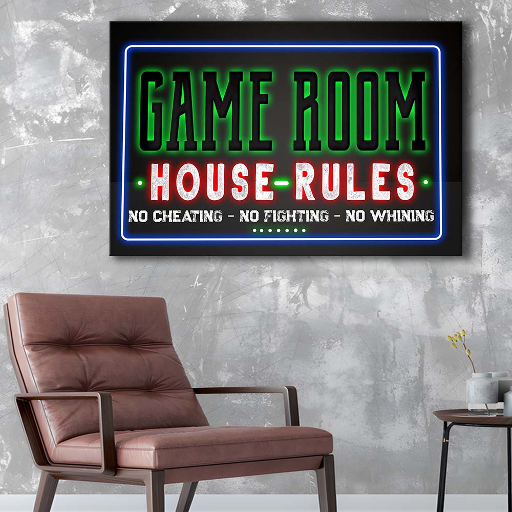 Game Room - House Rules Art Print, Canvas Print Wall Art, Wall Decor, Neon Effect Art