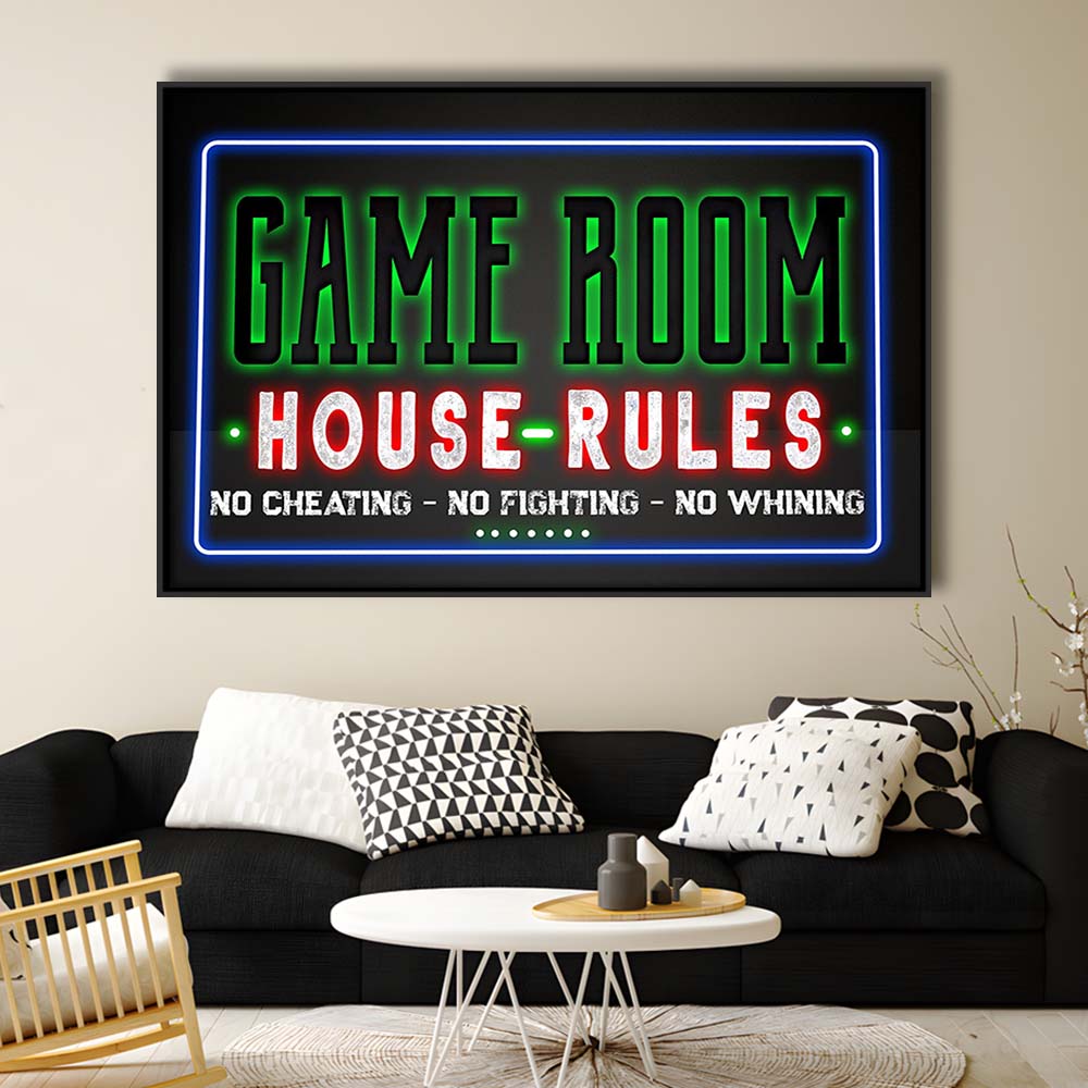 Game Room - House Rules Art Print, Framed Canvas Print Wall Art Decor, Floating Frame, Neon Effect Art