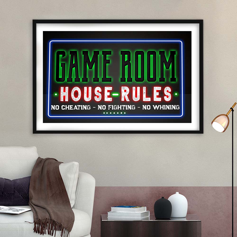 Game Room - House Rules Art Print, Framed Art Print Wall Decor, White Border, Framed Picture