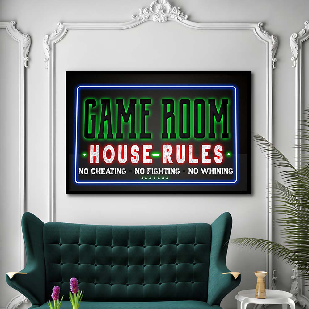 Game Room - House Rules Art Print, Framed Art Print Wall Decor, Neon Art Print, Picture Framed