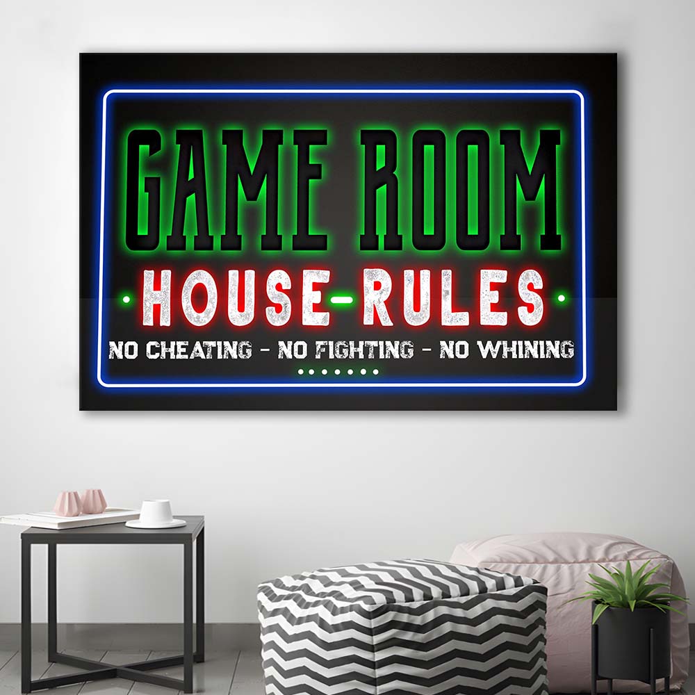 Game Room - House Rules Art Print, Canvas Print Wall Art, Wall Decor, Neon Effect Art
