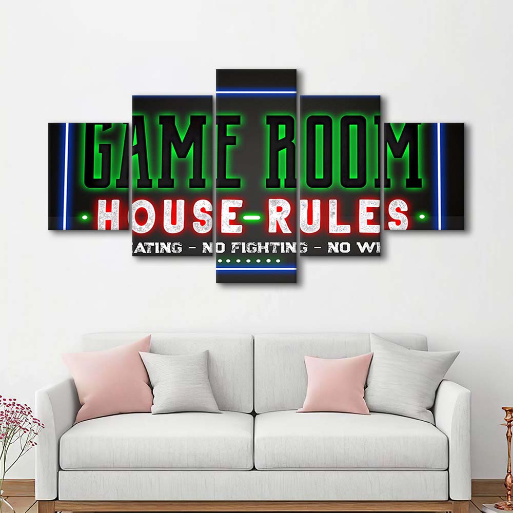 Game Room - House Rules Art Print, 5 Panel Mixed Canvas Print Wall Art, Home Decor, Neon Canvas