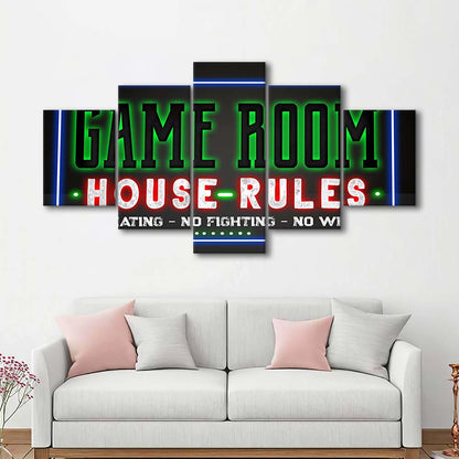 Game Room - House Rules Art Print, 5 Panel Mixed Canvas Print Wall Art, Home Decor, Neon Canvas