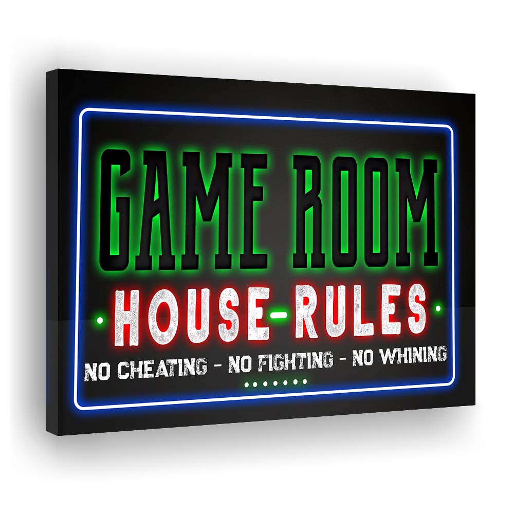 Game Room - House Rules Art Print, Canvas Print Wall Art, Wall Decor, Neon Effect Art