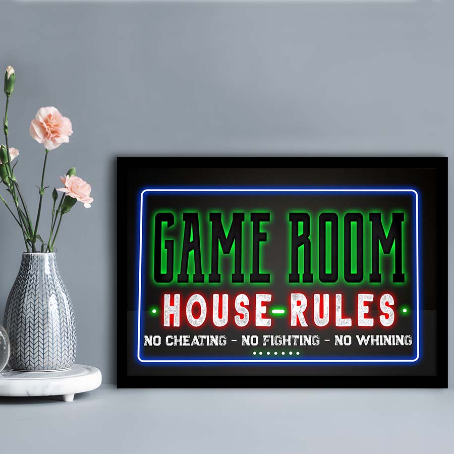 Game Room - House Rules Art Print, Framed Art Print Wall Decor, Neon Art Print, Picture Framed
